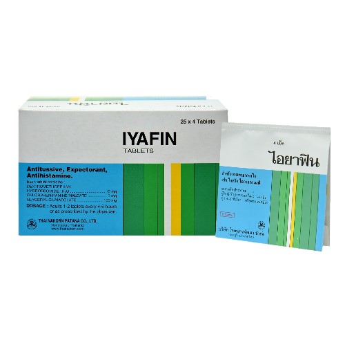 Коробка тайского препарата от простуды, кашля и насморка Ияфин, 25 упаковок х 4 таблетки